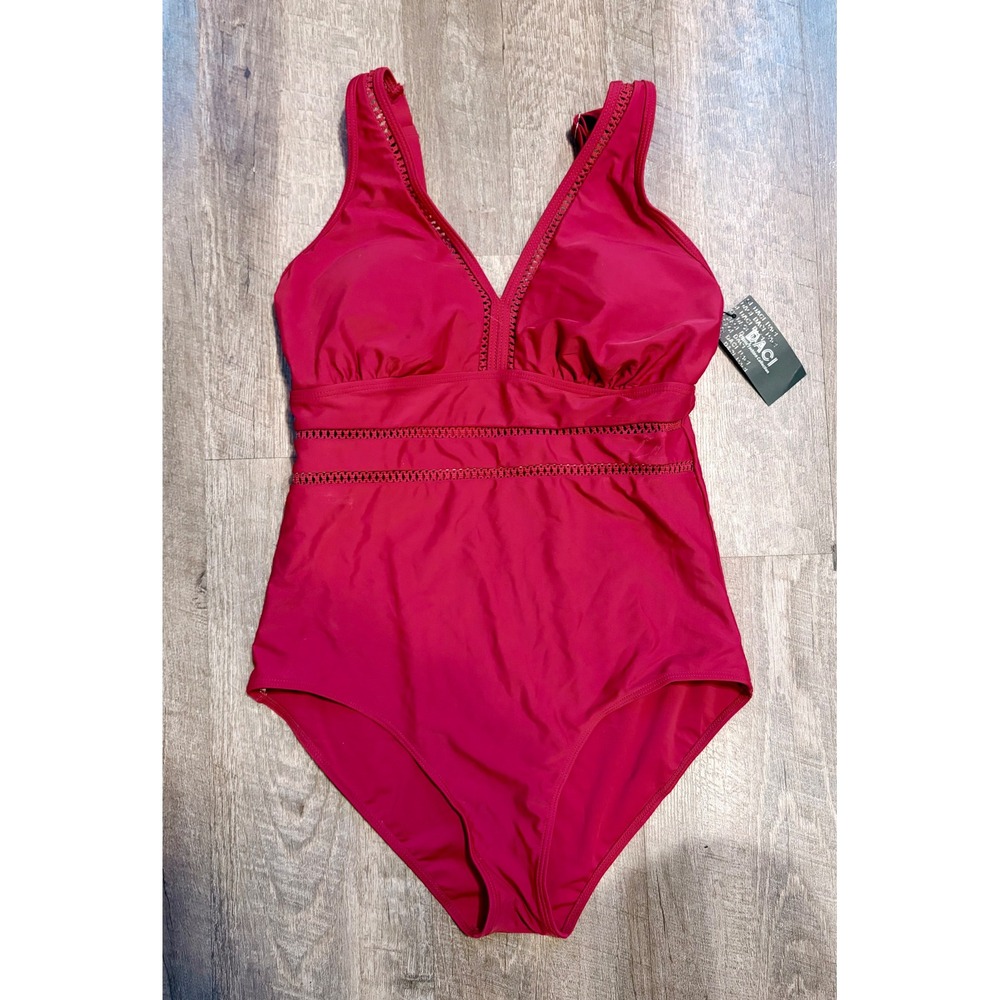 NWT DACI Classic Fashion Collection Women One Piece Swimsuit Deep V‎ Neck Red XL